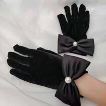 Black velvet glove Butterfly junction Herbenpearl Short Dress Gala PHOTO RETRO BLACK WEDDING GOWN GLOVES