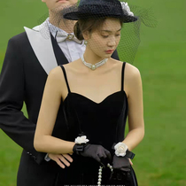 Herbenwind Black Hat Childrens Law Bridal Bridal Wedding Photo White Mountain Tea Flowers Retro Web Yarn Gloves Gift