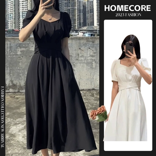 Черная цветная летняя длинная юбка, французский стиль, изысканный стиль, по фигуре, квадратный вырез, подходит для подростков