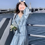 Осенняя синяя юбка, лонгслив, шифоновое платье, коллекция 2023, французский стиль, в цветочек