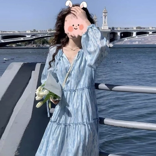 Осенняя синяя юбка, лонгслив, шифоновое платье, коллекция 2023, французский стиль, в цветочек