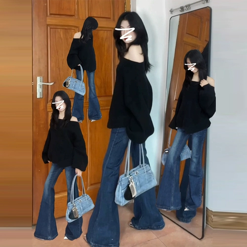 Черный весенний трикотажный свитер, изысканный стиль, открытые плечи, оверсайз