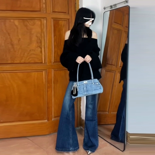 Черный весенний трикотажный свитер, изысканный стиль, открытые плечи, оверсайз