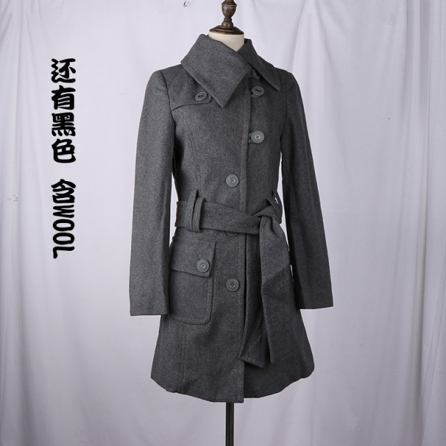 外贸清仓折扣女士春秋冬款黑灰色羊毛修身休闲中长款毛呢大衣外套