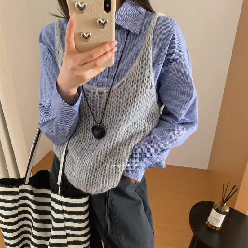 Korean-Style Design Soft and Stylish Layered Mohair Hollow Knit Camisole Vest for Women, Versatile Thin Style, Elegant and Trendy