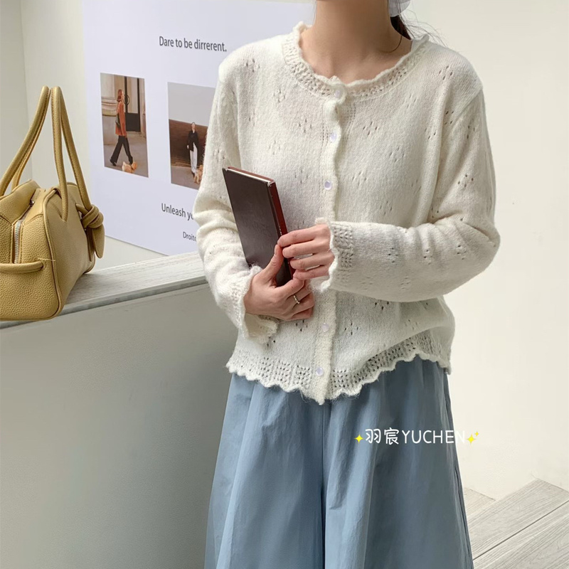 26 Spring New Thin Mohair Lace Crochet Hollow Knit Cardigan for Women, Korean Style Gentle Long Sleeve Small Jacket