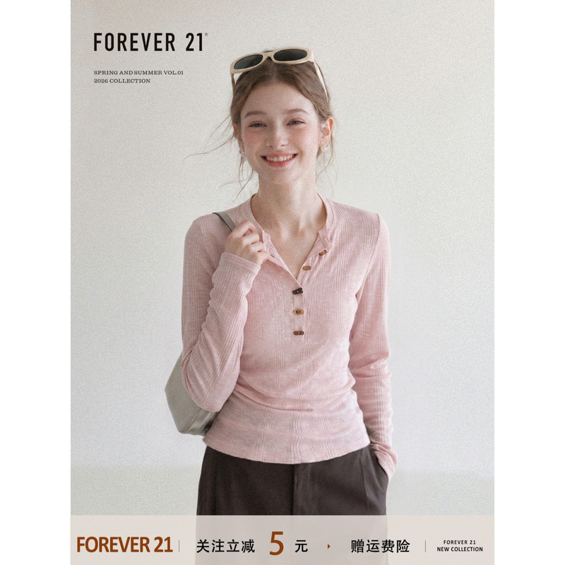 Forever21 Sweet Pink Toggle Button Half-Open Collar Regular Shoulder Long-Sleeve T-Shirt for Women, Autumn Slim Fit Versatile Top Forever21 Sweet Pink Toggle Button Half-Open Collar Regular Shoulder Long-Sleeve T-Shirt for Women, Autumn Slim Fit Versatile Top