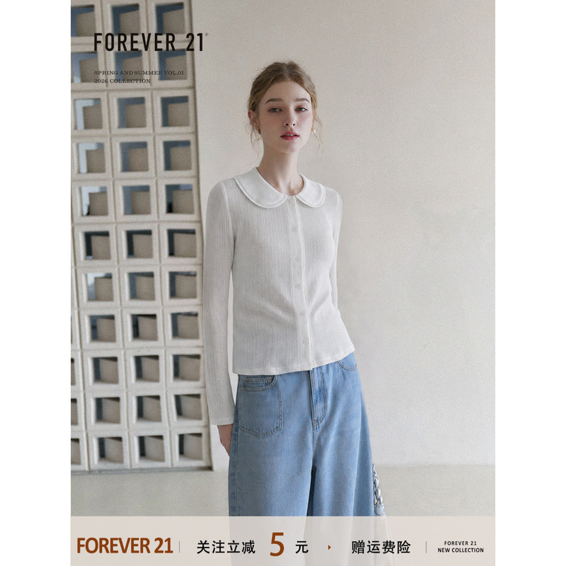 Forever21 Korean-Style White Lace Patchwork Button Doll Collar Long-Sleeved T-Shirt for Women in Autum Loose Slimming Look Top Forever21 Korean-Style White Lace Patchwork Button Doll Collar Long-Sleeved T-Shirt for Women in Autum Loose Slimming Look Top