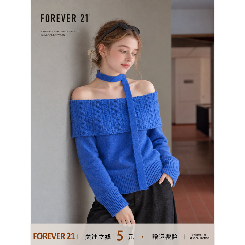 Forever21 Blue One-Line Neckline Off-Shoulder Long-Sleeved Knitted Sweater for Women Autumn Slim Casual Pullover New Top Forever21 Blue One-Line Neckline Off-Shoulder Long-Sleeved Knitted Sweater for Women Autumn Slim Casual Pullover New Top