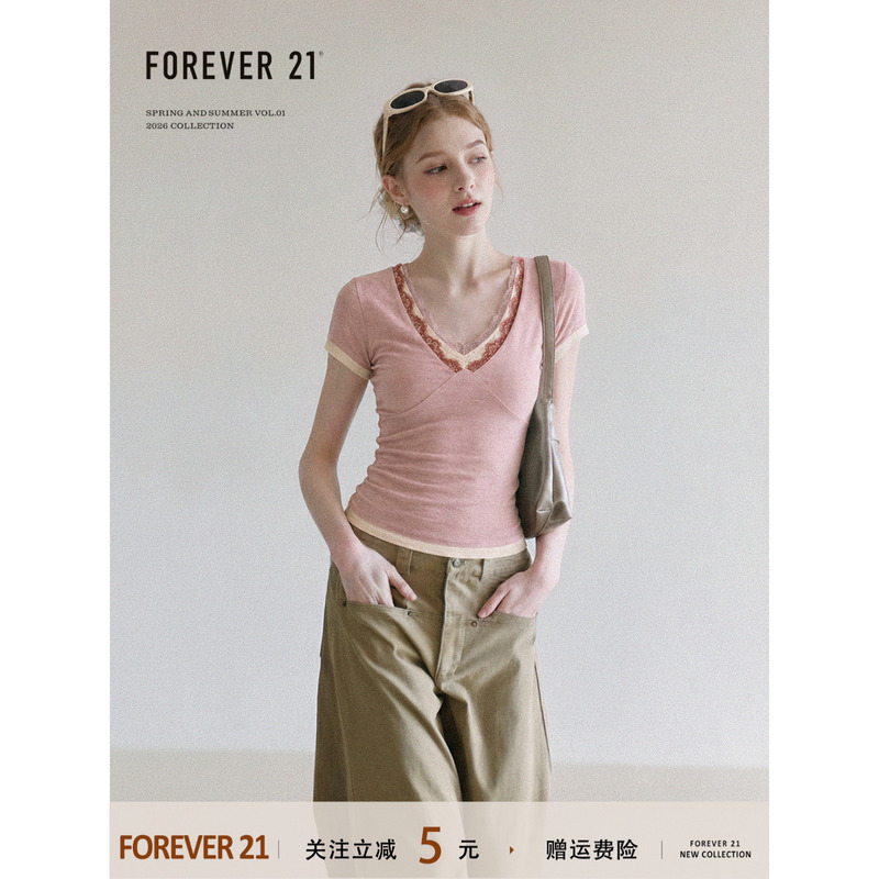Forever21 Fake Two-Piece Pink Lace Patchwork Short-Sleeve T-Shirt for Women, Summer Pure and Sexy Style, Slim Fit, Hot Girl Top Forever21 Fake Two-Piece Pink Lace Patchwork Short-Sleeve T-Shirt for Women, Summer Pure and Sexy Style, Slim Fit, Hot Girl Top