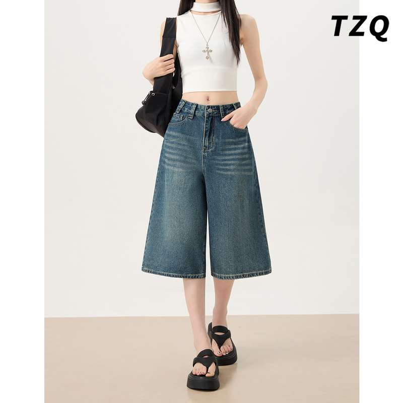 Trendy American Retro Blue Cropped Jeans for Women, Summer 2026 New Low-Waist Loose Wide-Leg Shorts