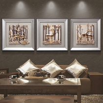 Three-dimensional relief painting Modern living room decoration painting framed painting Fortune deer hanging painting triptych mural sofa background wall painting