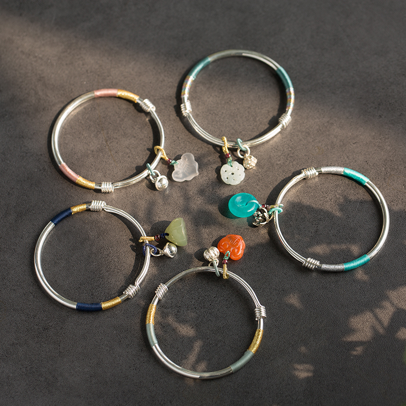 Past and future 999 pure silver handmade Hetian jade jade south red safe buckle Ruyi pull bracelet