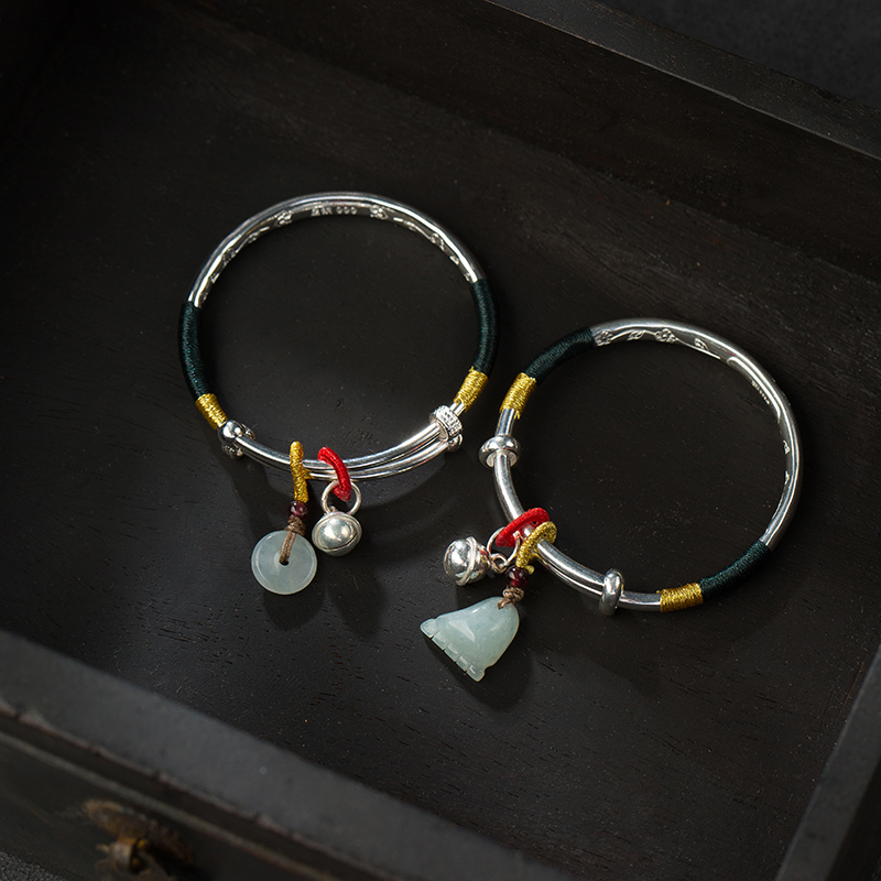 Contentment Changle 999 Pure Silver Emerald Little Feet Bell Safety Buckle Children's Silver Bracelet Baby Children's Bracelet