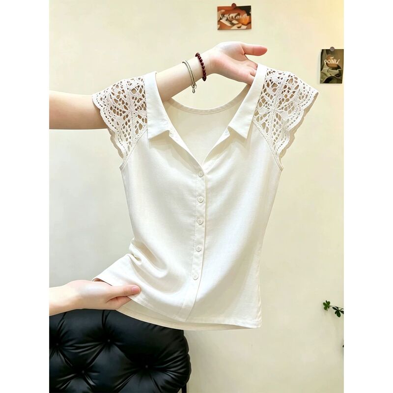 Sweet Style White Lace Patchwork Small Flutter Sleeve Shirt for Women, Summer Single-Breasted Slim Fit, Slimming, Age-Reducing, Stylish Top Sweet Style White Lace Patchwork Small Flutter Sleeve Shirt for Women, Summer Single-Breasted Slim Fit, Slimming, Age-Reducing, Stylish Top