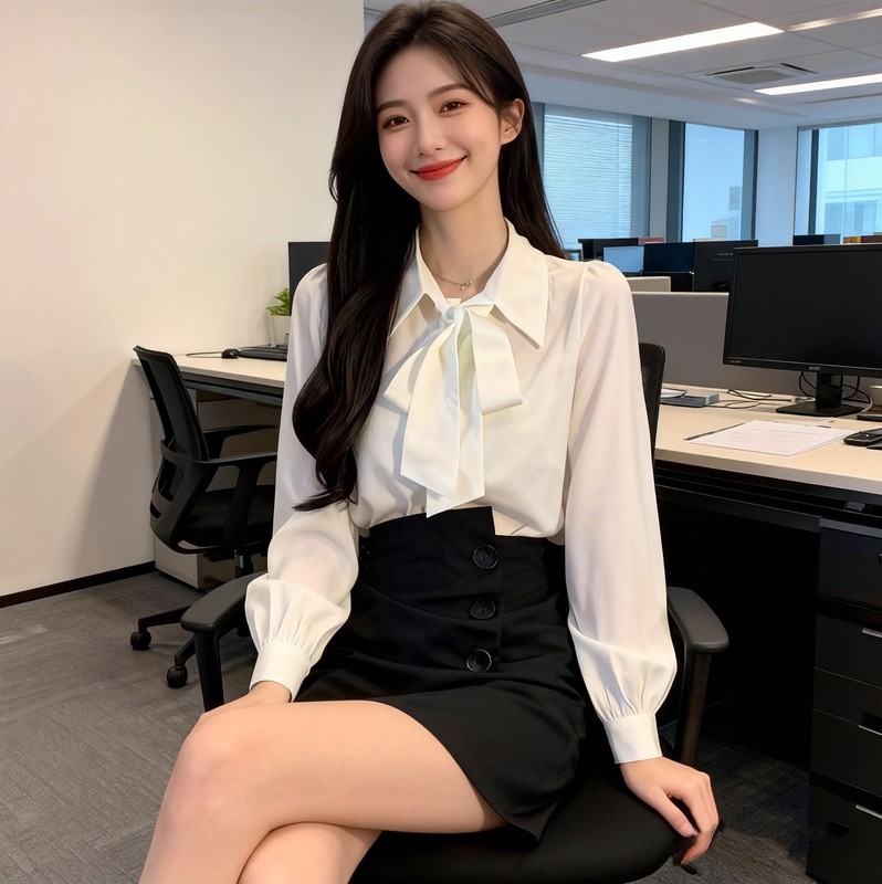 Bow-Tie White Shirt for Women, Spring and Autumn, Petite Design, Niche Shirt, Inner Layer, Professional Commuting Chiffon Top