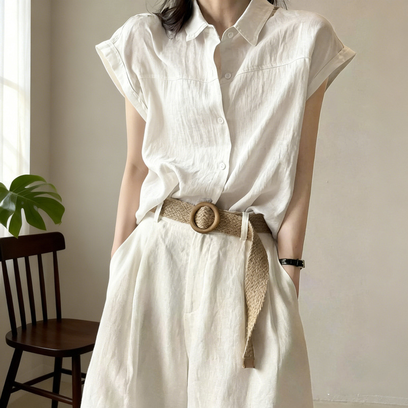 Retro Old Money Style Short-Sleeved Professional White Shirt for Women, Summer Small Flutter-Sleeve Cotton and Linen Shirt, Sleeveless Top, Elegant and Slimming Retro Old Money Style Short-Sleeved Professional White Shirt for Women, Summer Small Flutter-Sleeve Cotton and Linen Shirt, Sleeveless Top, Elegant and Slimming