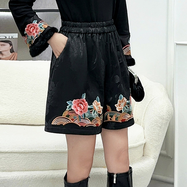 Ethnic style elastic waist heavy embroidered shorts for women
