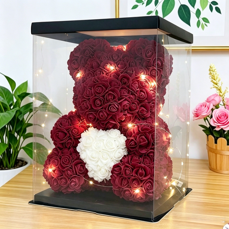 Eternal Flower Rose Bear Birthday Gift Led Light String Gift Box Valentine's Day Creative Ornament Gift for Girlfriend Teddy Bear Doll