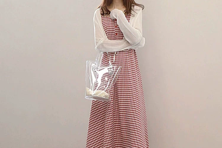 Đầu thu 2019 mới khôn ngoan váy khói hoa chuông Pháp kẻ sọc nhỏ cộng với áo hai dây cardigan - Sản phẩm HOT