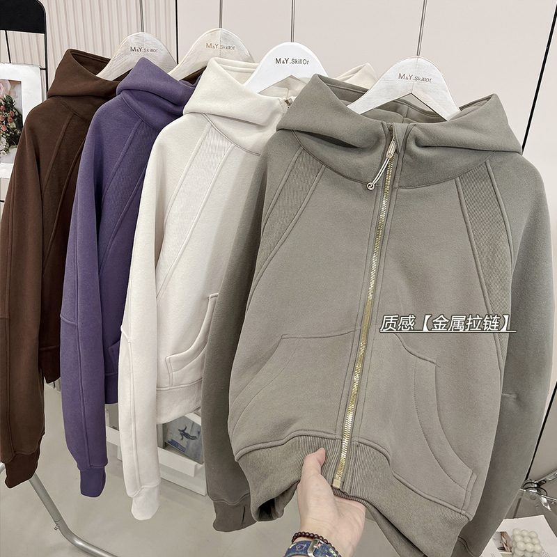 Scubu Style Fleece-Lined Hooded Sweatshirt for Women, Autumn and Winter, Gold Zipper Yoga Sports Jacket, Loose Short Warm Top