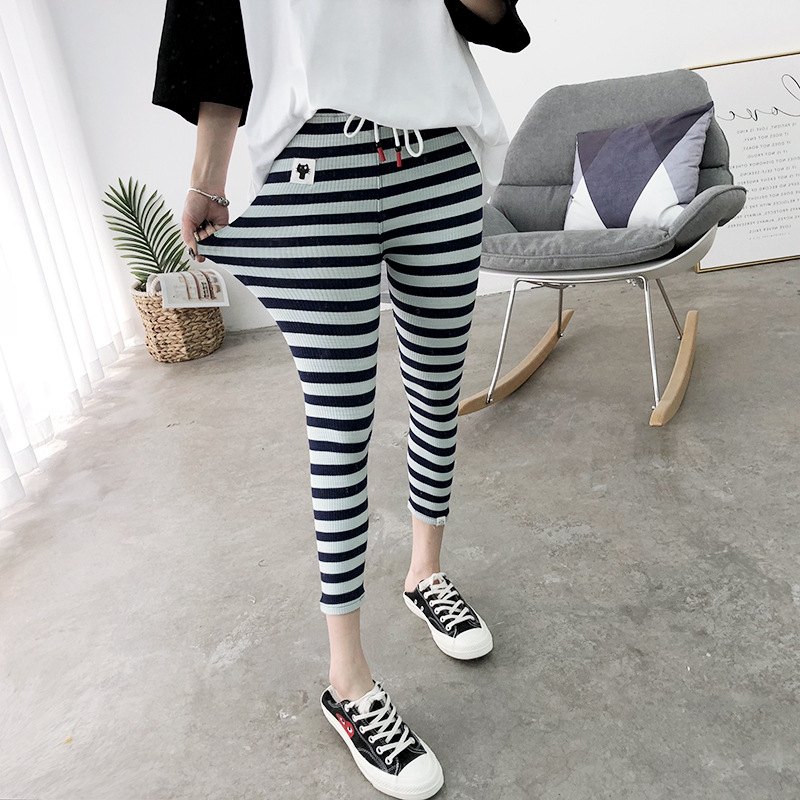 Mùa hè 2018 mới cotton rộng co giãn sọc ngang dây rút kitten leggings nữ Slim đã mỏng bảy quần thủy triều quần dài nữ