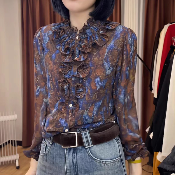 Spring 2026 Women's Purple Printed Ruffled Long-Sleeve Shirt Niche Base Shirt Top