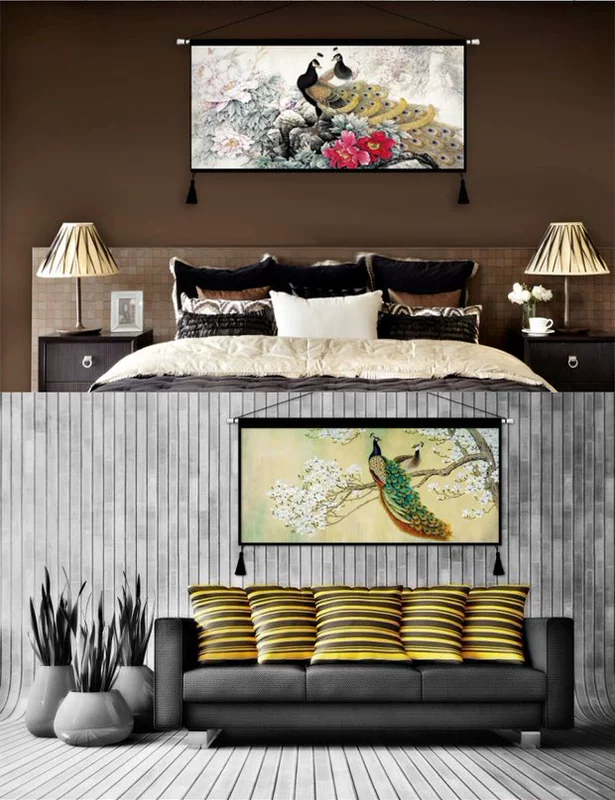 Tranh vải Trung Quốc phòng khách phòng khách sạn phòng ngủ trang trí cửa hàng Phong thủy trang trí con công phong phú và may mắn thay tranh may mắn 	thảm dệt treo tường