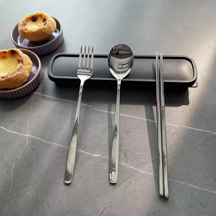 410 Stainless Steel Spoon, Chopsticks, and Fork Set, Thickened, Portable Cutlery Set, Three-Piece Set for Adults and Students