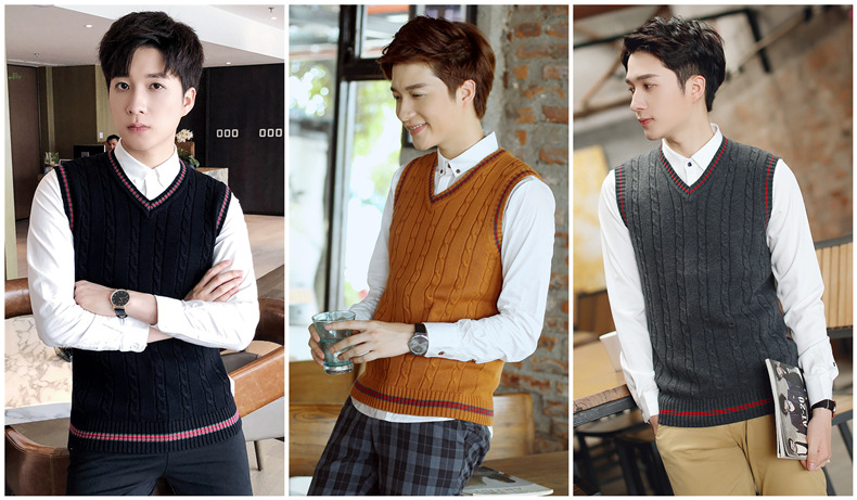 Mùa đông áo ấm cotton dày cộng với áo len cổ chữ V nhung không tay áo len nam áo len vai đan vest áo khoác nam hàn quốc mùa đông