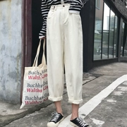 Phiên bản Hàn Quốc của ulzzang phong cách Harajuku bf lỏng đường phố hoang dã chụp chín điểm quần denim ống rộng quần nữ sinh thẳng quần