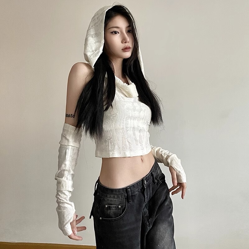 Sand Dune Wasteland Style Hot Girl Sleeveless Hooded T-Shirt for Women, New Summer Sexy Crop Top with Unique Ripped Design