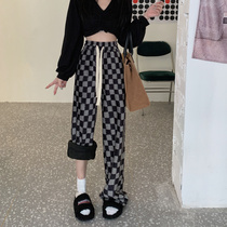 Korean Version Spring Autumn Thickened Straight Drum Long Pants Women Casual Pants High Waist Chessboard Plaid Pants Pendant Feeling Loose Broadlegged Pants Tide