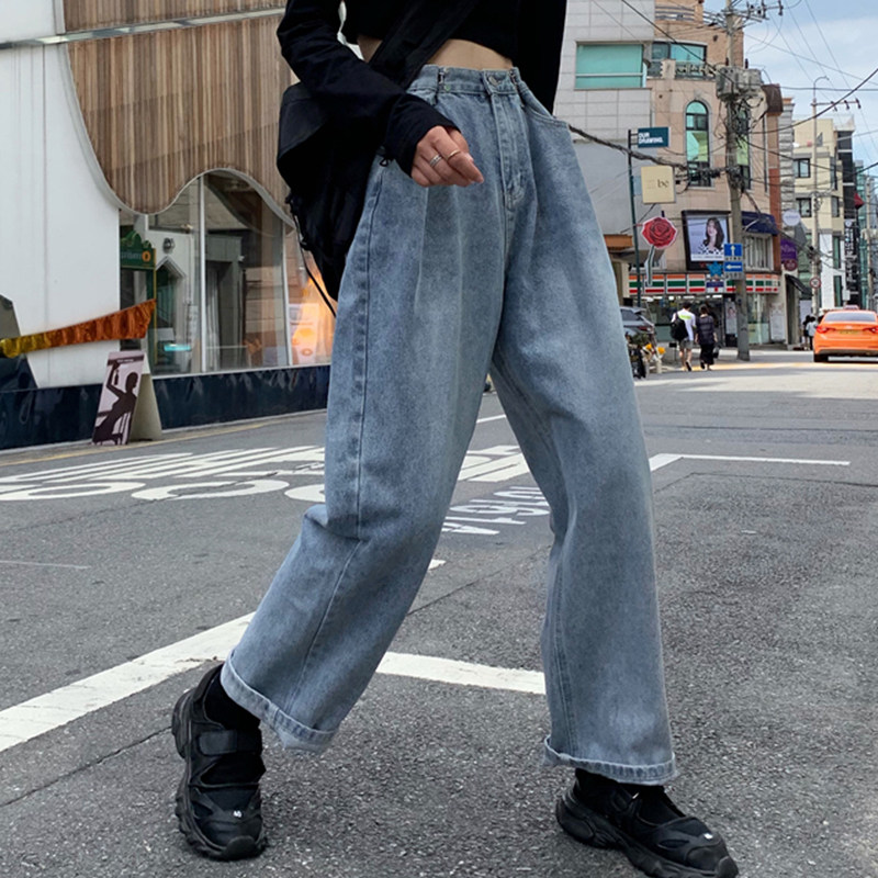 Spring and Autumn Korean version of chic retro Hong Kong wind loose Joker wide-legged pants high waist straight jeans women's pants tide