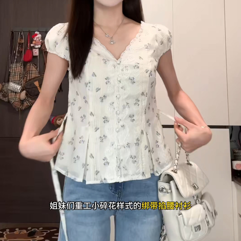 Floral Lace-Up Waist-Cinching Sweet and Spicy Lace Short-Sleeve Shirt for Women, Summer Slim-Fit Shirt, Niche New Top