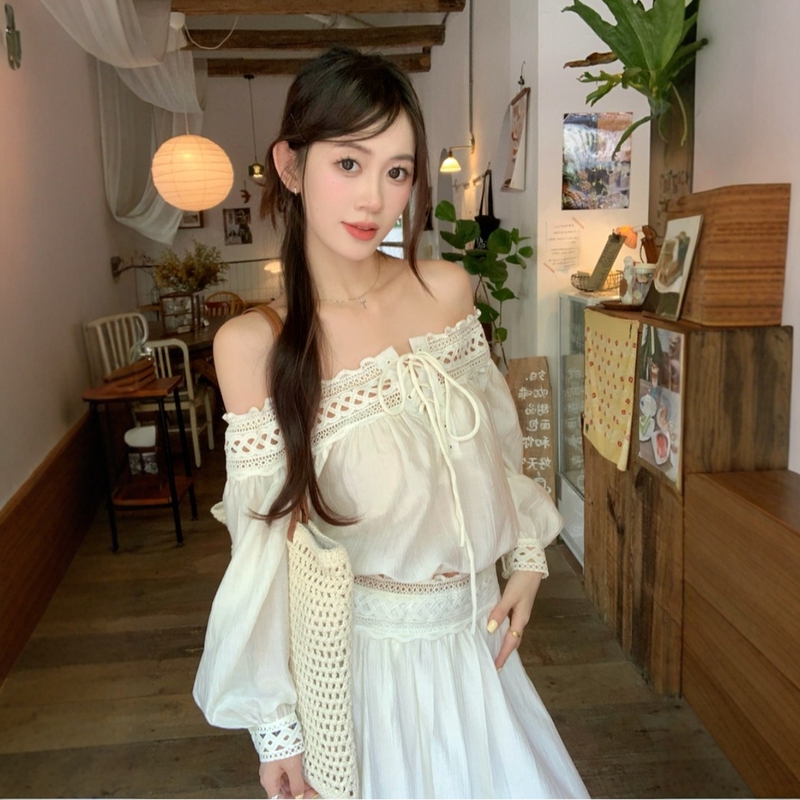 Pure Desire One-Shoulder Lace Patchwork Tie-Up Shirt for Women, Spring Off-Shoulder Ruched Chiffon Top, Unique and Stunning Blouse