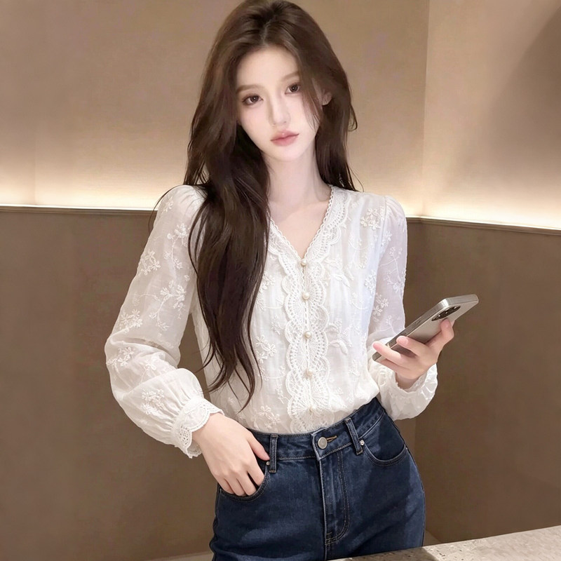 Super Trendy Youthful Lace Embroidery V-Neck Long-Sleeve Shirt Blouse Early Autumn Women's 2026 New French-Style Top
