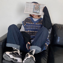 Sweater vest female autumn Korean version of retro Hong Kong wind loose Joker sleeveless V-neck knitted vest outside wear coat tide