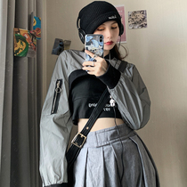 Autumn Korean cool girl wear suit reflective fried street jacket black short vest Net Red fashion two-piece set