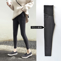 Pregnant women jeans autumn and winter 2021 New Korean version of tobacco gray pregnant women pants winter wear plus velvet ankle-length pants