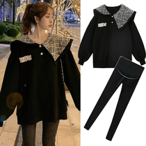 Pregnant women autumn set fashion 2021 new autumn and winter Net red lapel coat small man autumn and winter two-piece set