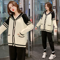 Pregnant women autumn set fashion out 2021 tide mom sweater cardigan coat spring and autumn loose size two-piece set