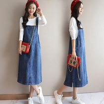 Pregnant womens spring clothing suit 2022 new fashion models Korean version Fashion Cowboy braces skirt Two sets of pregnant womens dress