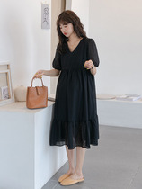 Method Romantic ~ Pregnant Woman Summer Clothing Dress Dress Trendy Korean Version V collar Slim Flowers Loose Net Red Over Knee Long Skirt