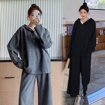 Pregnant women autumn suit 2021 New Korean fashion casual cotton hooded sweater wide leg pants pregnant women two-piece set
