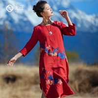 You Yi new phong cách quốc gia phụ nữ mùa xuân và mùa hè Trung Quốc cotton và vải lanh thêu trang phục lỏng lẻo fan hâm mộ nghệ thuật retro - Váy dài áo dài dáng đầm