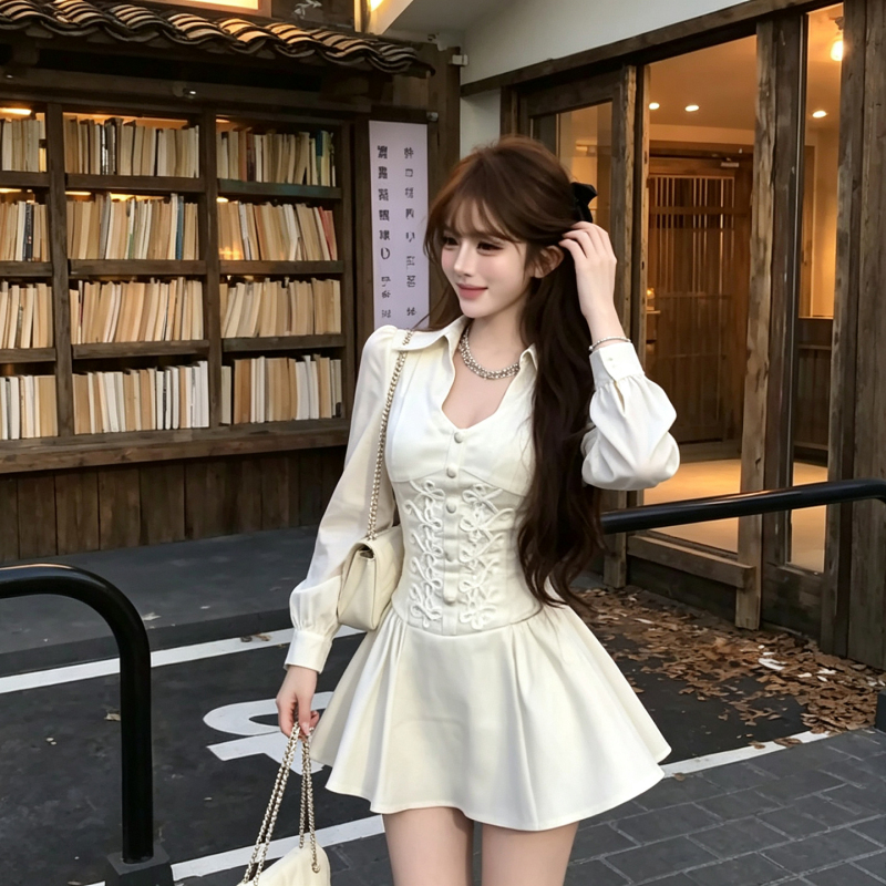 White Mo Palace Autumn Korean Style Pure Desire Niche Shirt Collar Dress