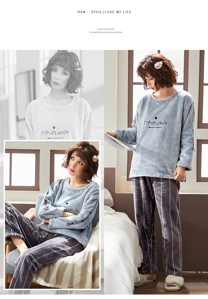 Flannel đồ ngủ nữ mùa đông dày cộng với nhung nhung san hô nhung phụ nữ mùa thu và mùa đông mô hình kích thước lớn mùa đông và mùa thu nhà dịch vụ phù hợp - Giống cái bộ đồ dài tay nữ