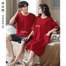 Couples pajamas summer cotton short sleeves wedding newlywed womens nightdress loose red loungewear mens suit can be worn outside