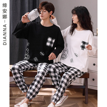 Pajamas couple spring long sleeves cotton fashion cartoon casual simple plaid sports outside wear loungewear set